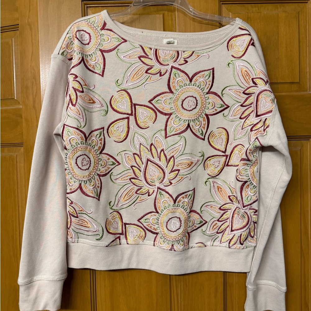 Anthropologie Brand Tiny Floral Embroidered Sweatshirt - Cream